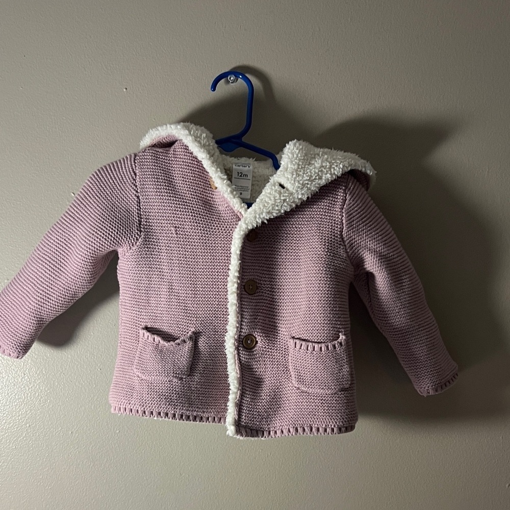 Carter's Pink Knit Hooded Jacket with White Sherpa Trim